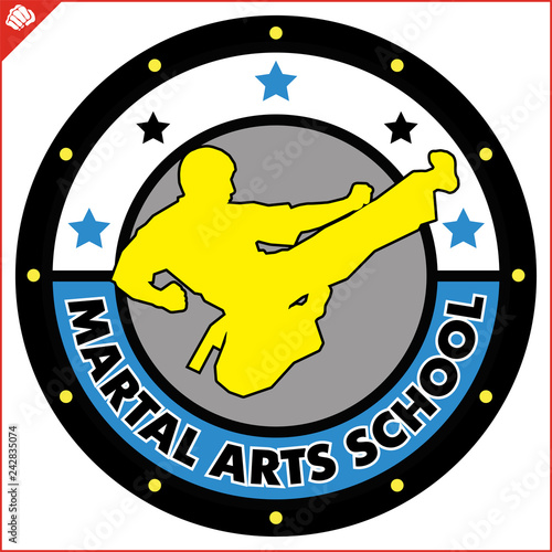 Karate high kick emblem. Martial art colored simbol design. Vector, EPS.