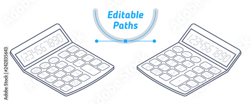 The isometric wireframe model of office calculator. The outline 3d illustration with editable paths. The technical drawing of accounting calculator with keyboard. The business bookkeeping accessory.