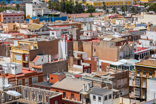 Pano of old Spanish town with lots of roof 