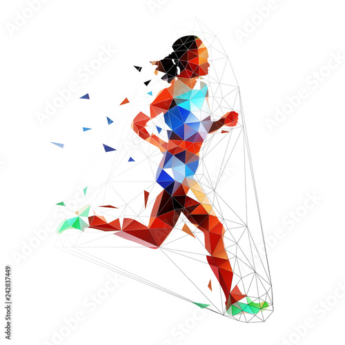 Running woman, low polygonal isolated vector illustration. Run