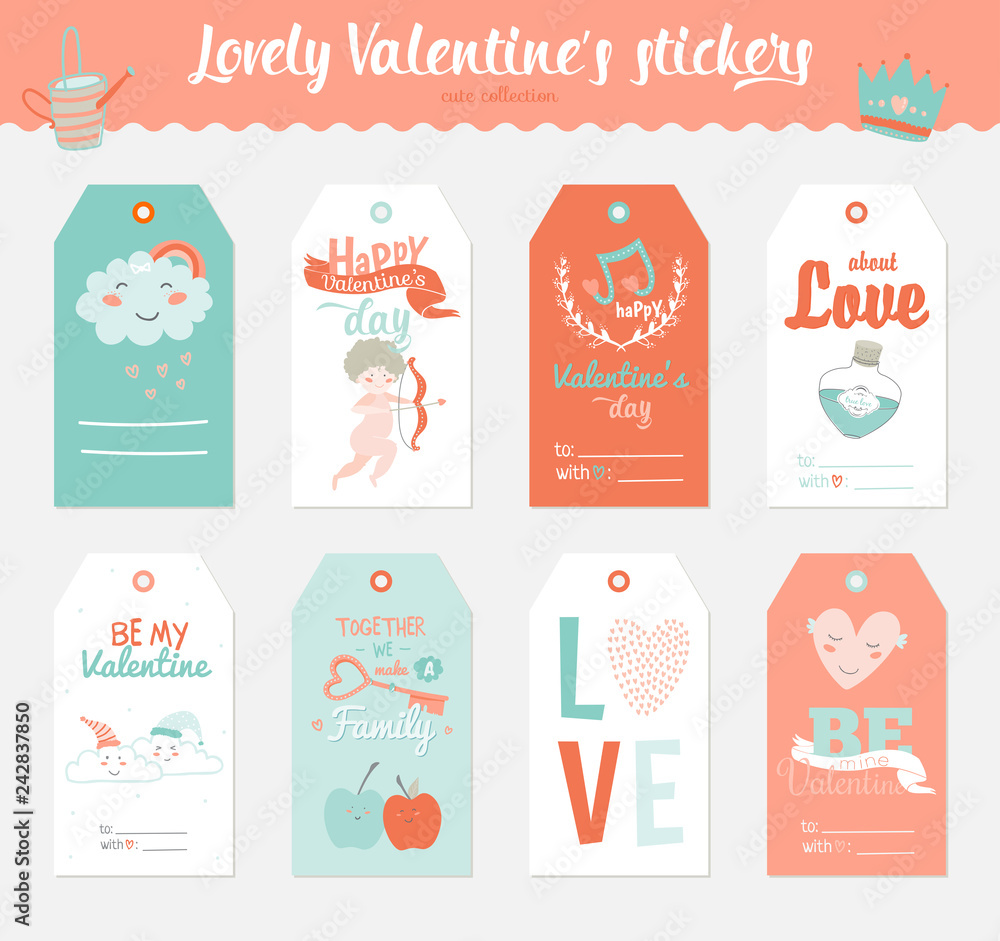 Collection of 6 Valentines day gift tags, stickers and labels templates. Romantic and beauty posters set. Lovely card for Valentine's day, wedding, marriage, save the date, bridal. Vector illustration