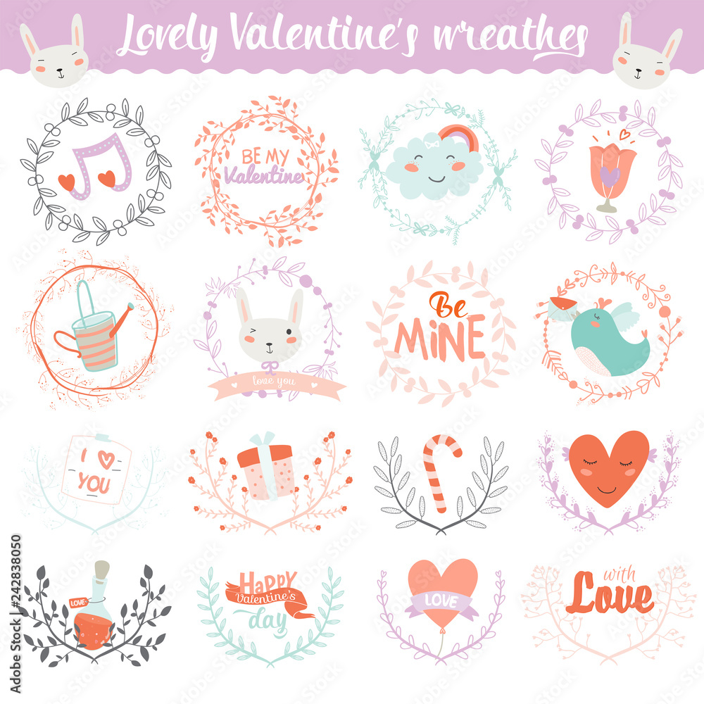 Collection of Valentines day wreathes and flowers with cute romantic holidays elements. Beauty templates set. Lovely vector illustration for Valentine's day, wedding, marriage, save the date, bridal.