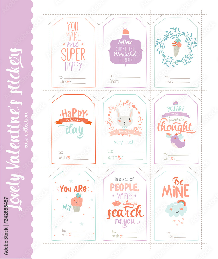 Collection of Valentines day gift tags, stickers and labels templates. Romantic and beauty posters set. Lovely card for Valentine's day, wedding, marriage, save the date, bridal. Vector illustration
