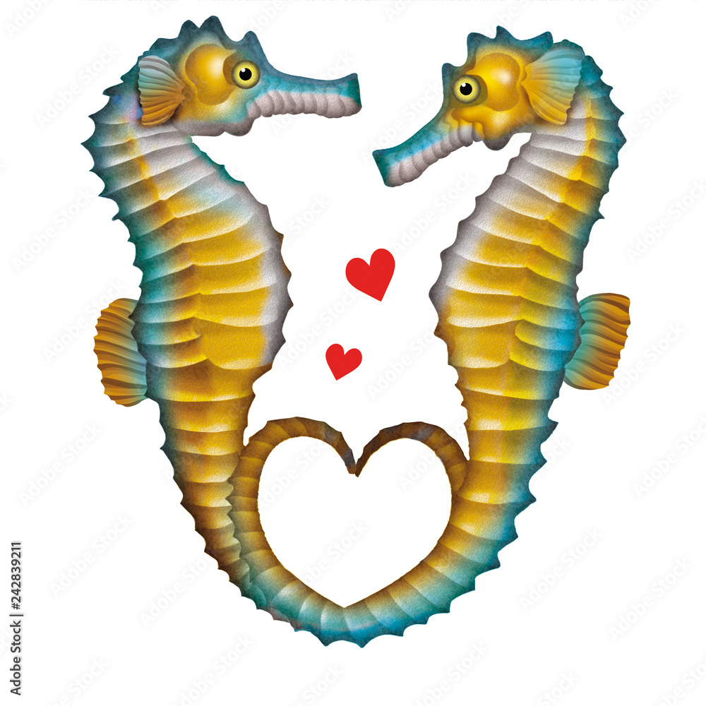 hippocampe  , illustration, saint Valentin,  dessin animé, mer, aimer, isolé, amour, animal, cœur, ailes, conception, eau, art, blanc, océan, jouet, symbole, 3-d, coloré,  nature, bleu, vert, sous-mar