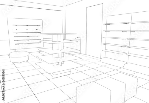 shop, mall, shopping mall, contour visualization, 3D illustration, sketch, outline