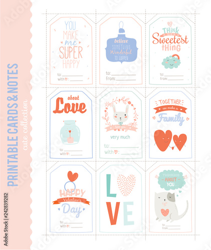 Romantic and Cute Vector Cards, Notes, Stickers, Labels, Tags with Spring Illustrations and Love Wishes. Template for Greeting Scrapbooking, Congratulations, Invitations. Vertical Card Design