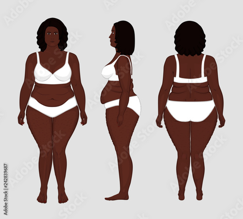 Vector illustration. Different views of naked African American woman in full growth in underwear. Advertising of cosmetic procedures, stomach shunting, bypass, diet, medical publications