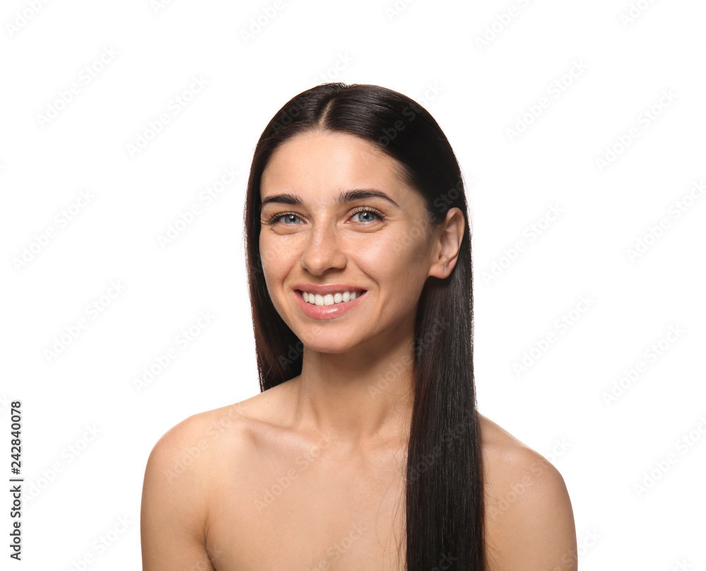Portrait of beautiful young woman with natural makeup on white background Portrait of beautiful young woman with natural makeup on white background