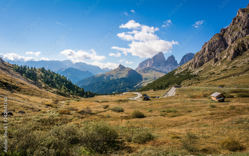 Beautiful mountain landscape around the Pass Pordoi. Dolomites, Trentino Alto Adige, northern Italy.