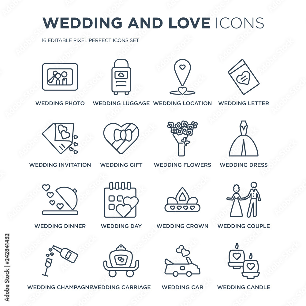 16 linear Wedding and love icons such as photo, wedding Luggage, Carriage, Champagne modern with thin stroke, vector illustration, eps10, trendy line icon set. 16 linear Wedding and love icons such as photo, wedding Luggage, Carriage, Champagne modern with thin stroke, vector illustration, eps10, trendy line icon set.