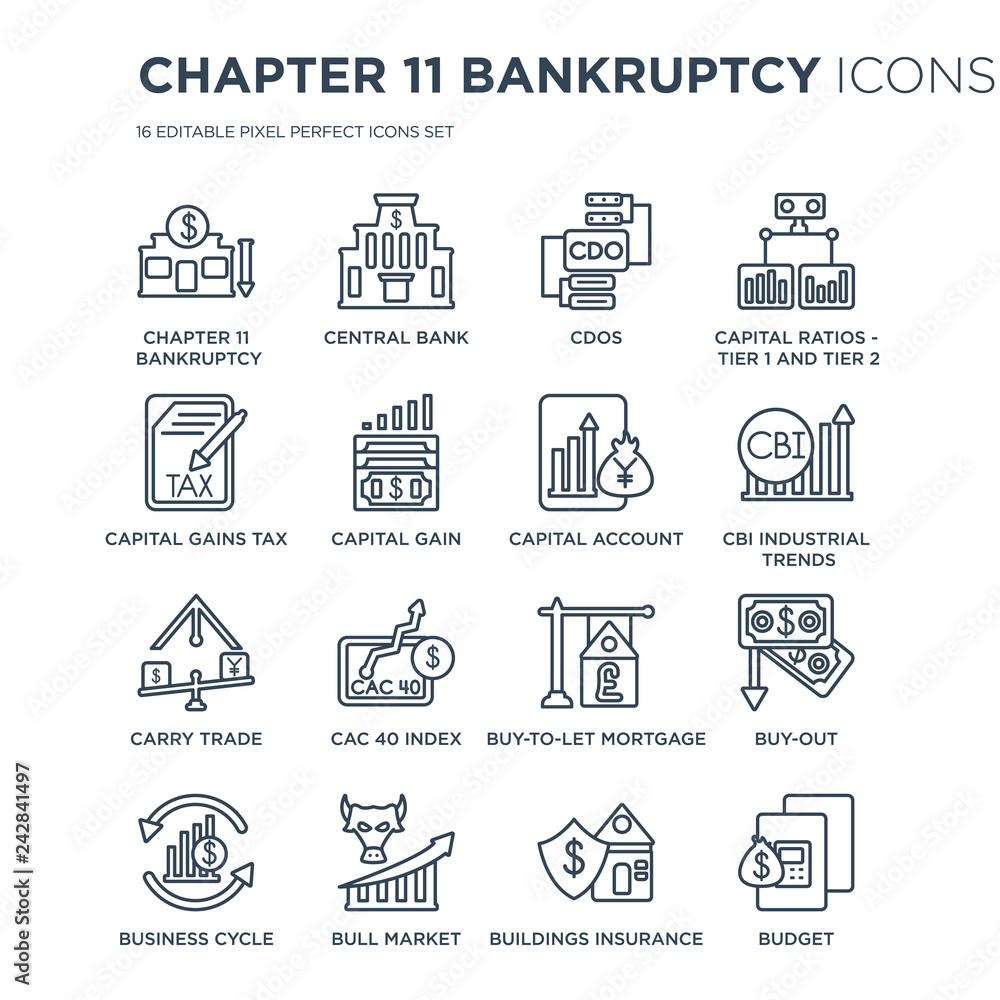 16 linear Chapter 11 bankruptcy icons such as bankruptcy, Central bank, Bull market, Business cycle, Buy-out modern with thin stroke, vector illustration, eps10, trendy line icon set.