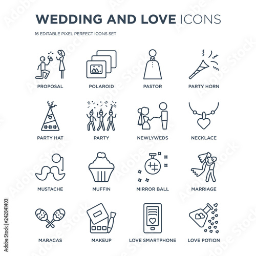 16 linear Wedding and love icons such as Proposal  Polaroid  Makeup  Maracas  Marriage  Love Potion  Party hat modern with thin stroke  vector illustration  eps10  trendy line icon set.