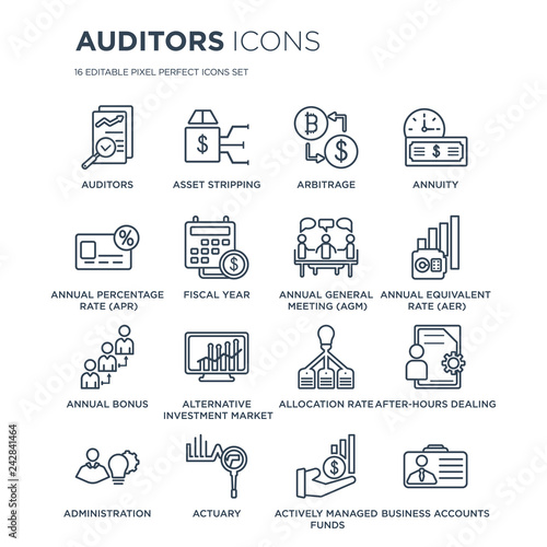 16 linear Auditors icons such as Auditors, Asset stripping, Actuary, Administration, After-hours dealing modern with thin stroke, vector illustration, eps10, trendy line icon set.