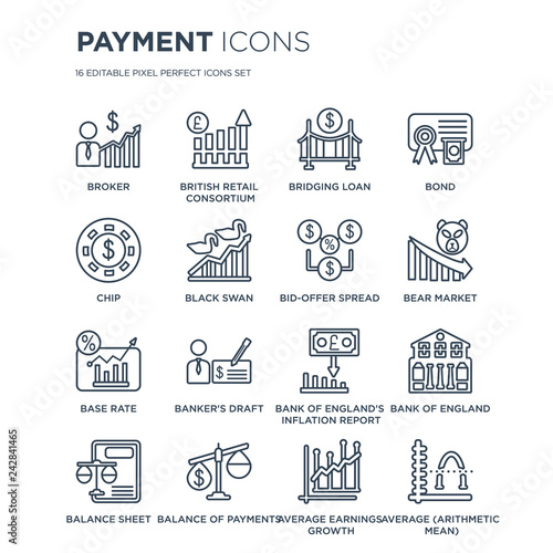 16 linear Payment icons such as Broker, British Retail Consortium, Balance of payments, sheet, Bank England modern with thin stroke, vector illustration, eps10, trendy line icon set.