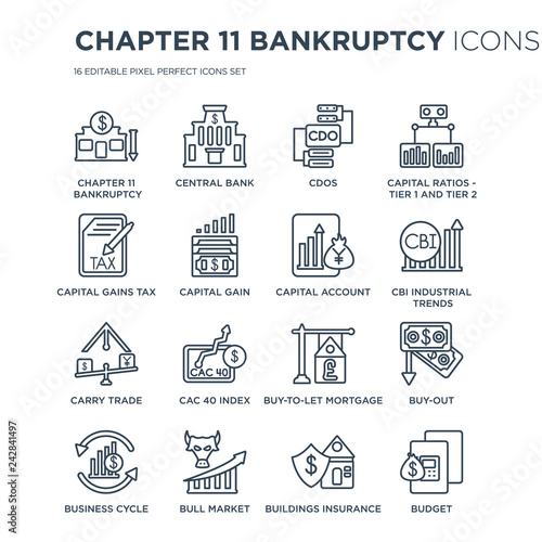 16 linear Chapter 11 bankruptcy icons such as bankruptcy, Central bank, Bull market, Business cycle, Buy-out modern with thin stroke, vector illustration, eps10, trendy line icon set.