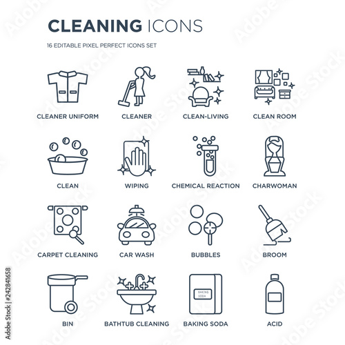 16 linear Cleaning icons such as Cleaner Uniform, Cleaner, Bathtub cleaning, Bin, Broom, Acid, Clean modern with thin stroke, vector illustration, eps10, trendy line icon set.