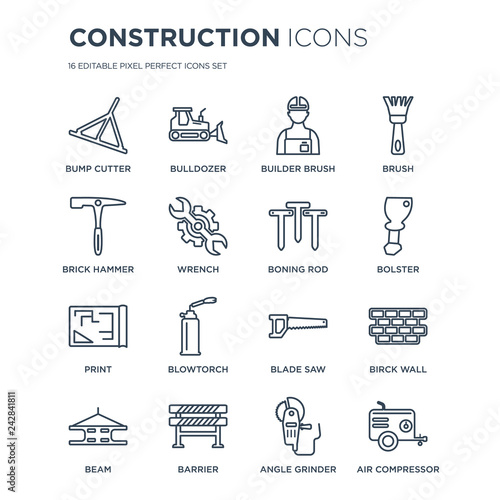 16 linear Construction icons such as Bump cutter, Bulldozer, Barrier, Beam, Birck Wall, Air compressor, Brick hammer modern with thin stroke, vector illustration, eps10, trendy line icon set.