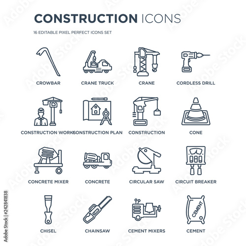 16 linear Construction icons such as Crowbar, Crane truck, Chainsaw, Chisel, Circuit Breaker, Cement modern with thin stroke, vector illustration, eps10, trendy line icon set.