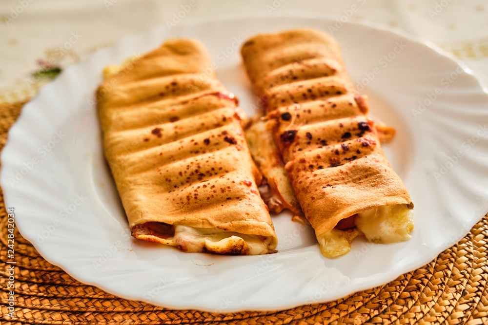 Pancakes with cheese and ham