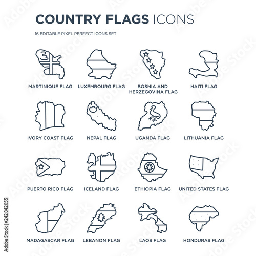 16 linear Country Flags icons such as Martinique flag, Luxembourg Lebanon Madagascar flag modern with thin stroke, vector illustration, eps10, trendy line icon set.