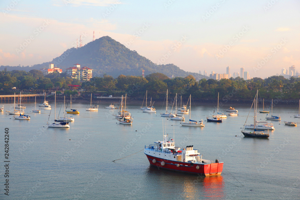 Boats anchored along the Coastline of Panama.