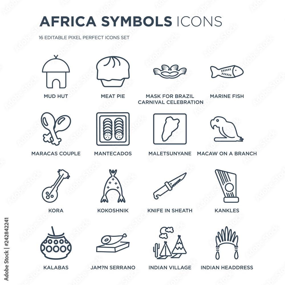 16 linear Africa Symbols icons such as Mud hut, Meat pie, Jam?n Serrano, Kalabas, Kankles, Indian Headdress modern with thin stroke, vector illustration, eps10, trendy line icon set.