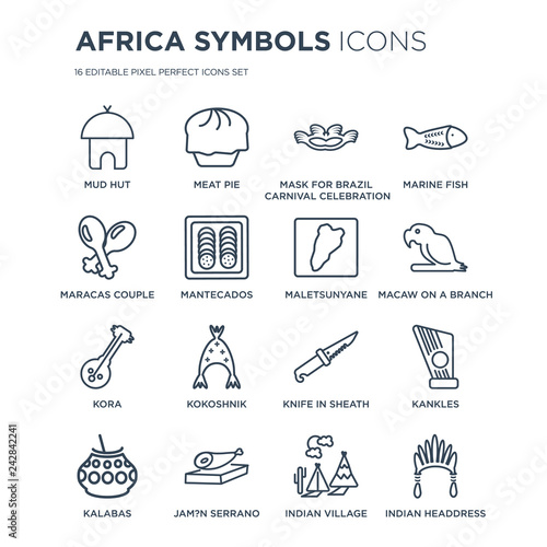 16 linear Africa Symbols icons such as Mud hut, Meat pie, Jam?n Serrano, Kalabas, Kankles, Indian Headdress modern with thin stroke, vector illustration, eps10, trendy line icon set.