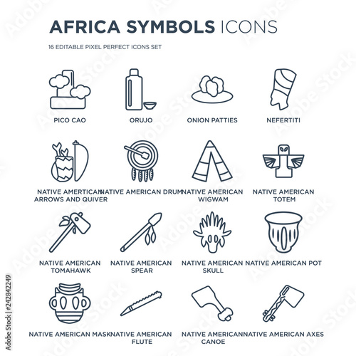 16 linear Africa Symbols icons such as Pico cao, Orujo, Native American Flute, Mask modern with thin stroke, vector illustration, eps10, trendy line icon set. photo