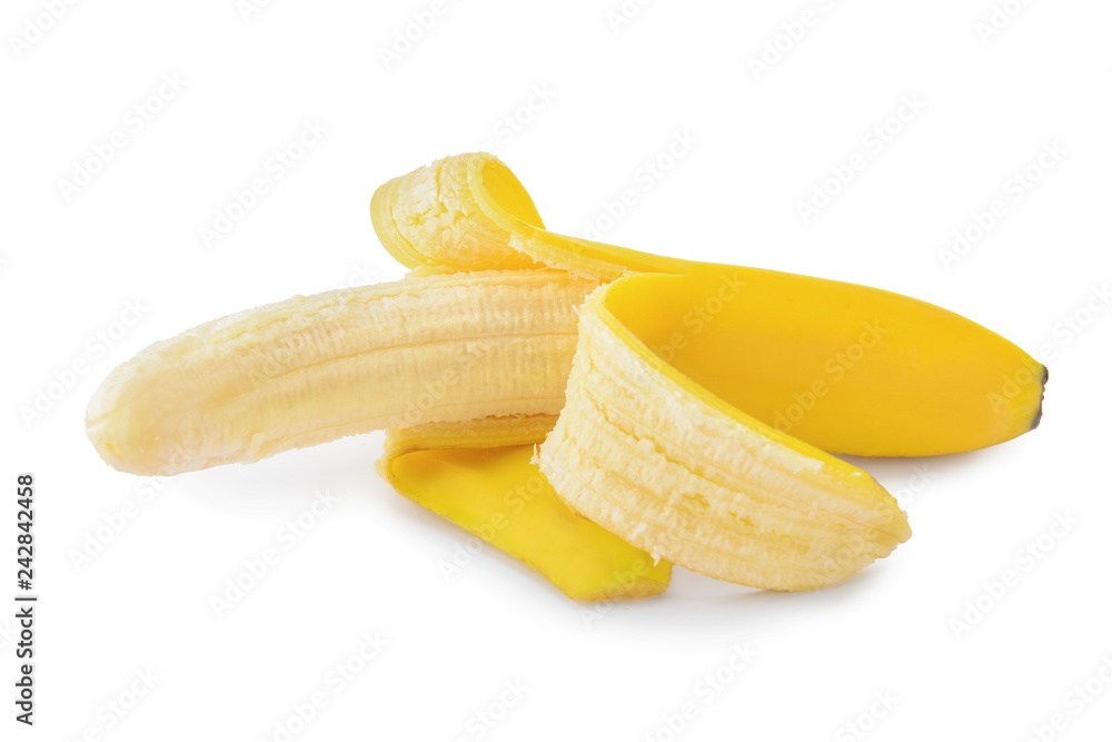 Ripe peeled banana on white background
