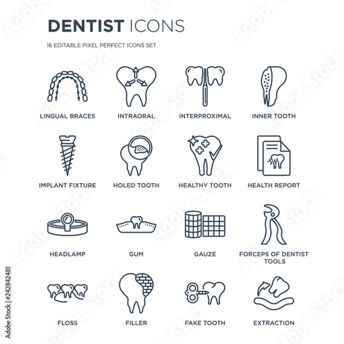 16 linear Dentist icons such as Lingual braces, Intraoral, Filler, Floss, Forceps of dentist tools, Extraction modern with thin stroke, vector illustration, eps10, trendy line icon set.
