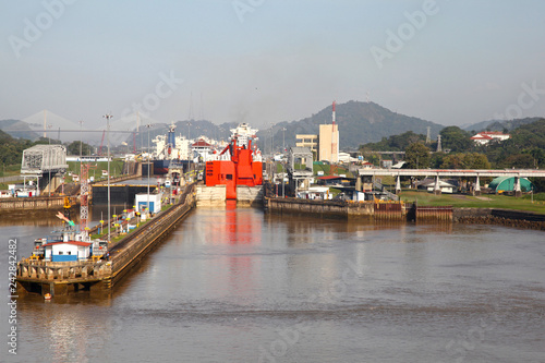 Approaching the Mira Flores lock in the Panama Canal. photo