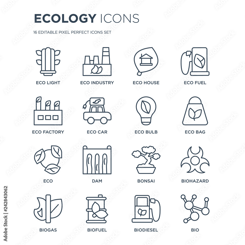 16 linear Ecology icons such as Eco light, eco Industry, Biofuel, Biogas, Biohazard, Bio, Factory, Eco, bulb modern with thin stroke, vector illustration, eps10, trendy line icon set.