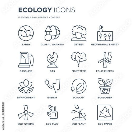 16 linear Ecology icons such as earth, Global warming, eco Plug, Turbine, Ecologism, Paper, Gasoline modern with thin stroke, vector illustration, eps10, trendy line icon set.