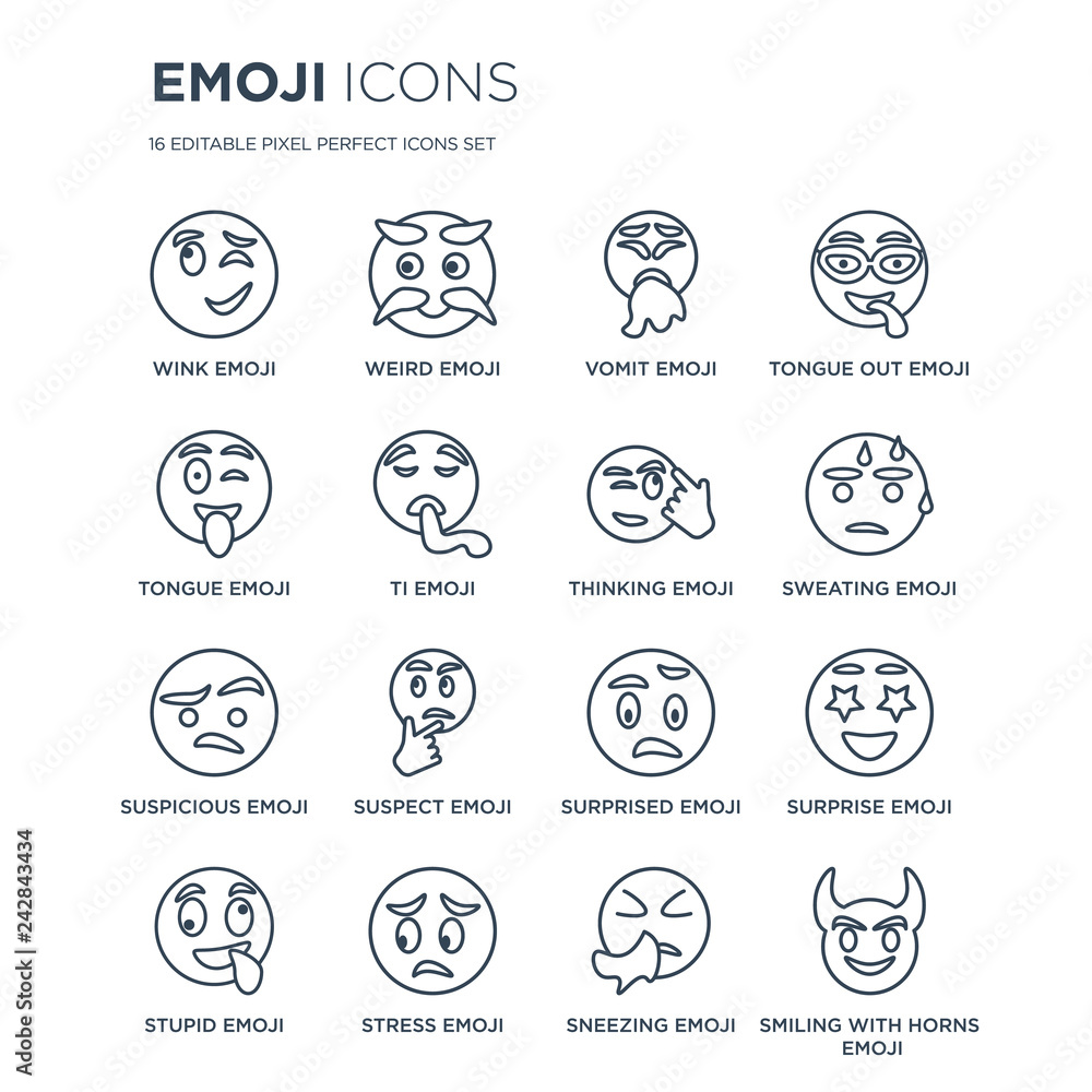 16 linear Emoji icons such as Wink emoji, Weird Stress Stupid Surprise emoji modern with thin stroke, vector illustration, eps10, trendy line icon set.