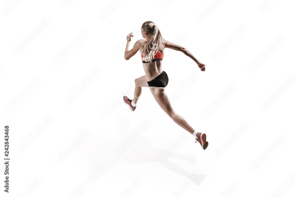 The one caucasian female silhouette of runner running and jumping on white studio background. The sprinter, jogger, exercise, workout, fitness, training, jogging concept. Back view The one caucasian female silhouette of runner running and jumping on white studio background. The sprinter, jogger, exercise, workout, fitness, training, jogging concept. Back view