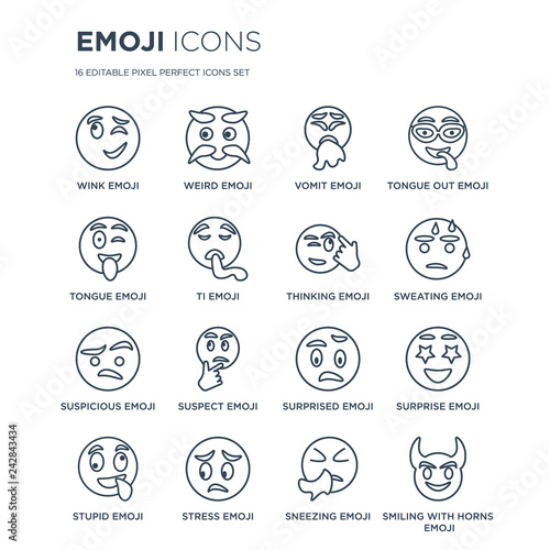 16 linear Emoji icons such as Wink emoji, Weird Stress Stupid Surprise emoji modern with thin stroke, vector illustration, eps10, trendy line icon set.