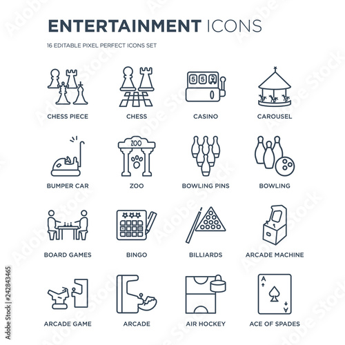 16 linear Entertainment icons such as Chess piece, Chess, Arcade, Arcade game, Machine, Ace of spades modern with thin stroke, vector illustration, eps10, trendy line icon set.