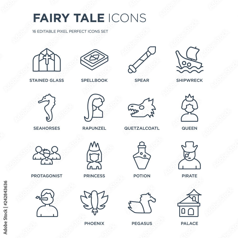 16 linear Fairy Tale icons such as Stained glass, Spellbook, Phoenix, , Pirate, Palace, Seahorses modern with thin stroke, vector illustration, eps10, trendy line icon set. 16 linear Fairy Tale icons such as Stained glass, Spellbook, Phoenix, , Pirate, Palace, Seahorses modern with thin stroke, vector illustration, eps10, trendy line icon set.
