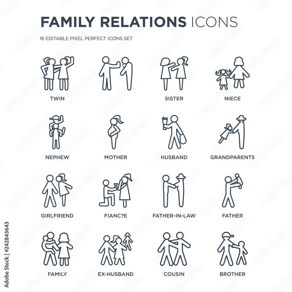 16 linear family relations icons such as twin, , ex-husband, family, father, brother, nephew, girlfriend, husband modern with thin stroke, vector illustration, eps10, trendy line icon set. 16 linear family relations icons such as twin, , ex-husband, family, father, brother, nephew, girlfriend, husband modern with thin stroke, vector illustration, eps10, trendy line icon set.