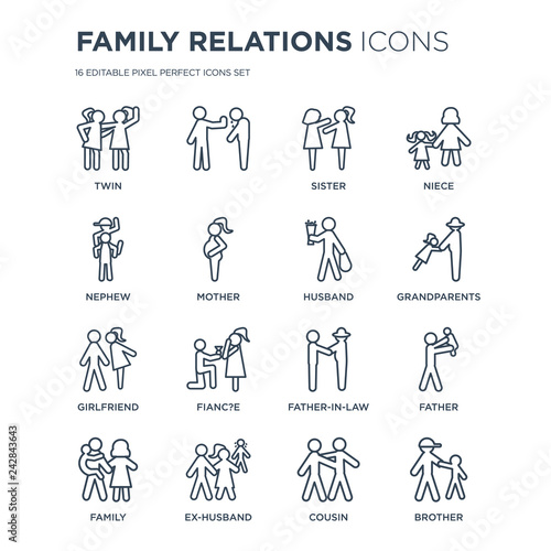 16 linear family relations icons such as twin, , ex-husband, family, father, brother, nephew, girlfriend, husband modern with thin stroke, vector illustration, eps10, trendy line icon set.