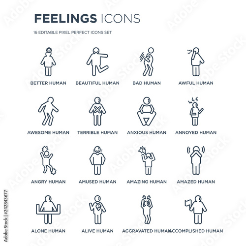 16 linear Feelings icons such as better human, beautiful alive alone amazed human modern with thin stroke, vector illustration, eps10, trendy line icon set.