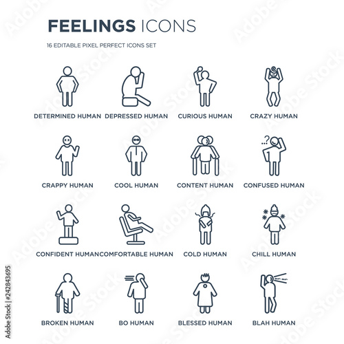 16 linear Feelings icons such as determined human, depressed bo broken chill blah human modern with thin stroke, vector illustration, eps10, trendy line icon set.