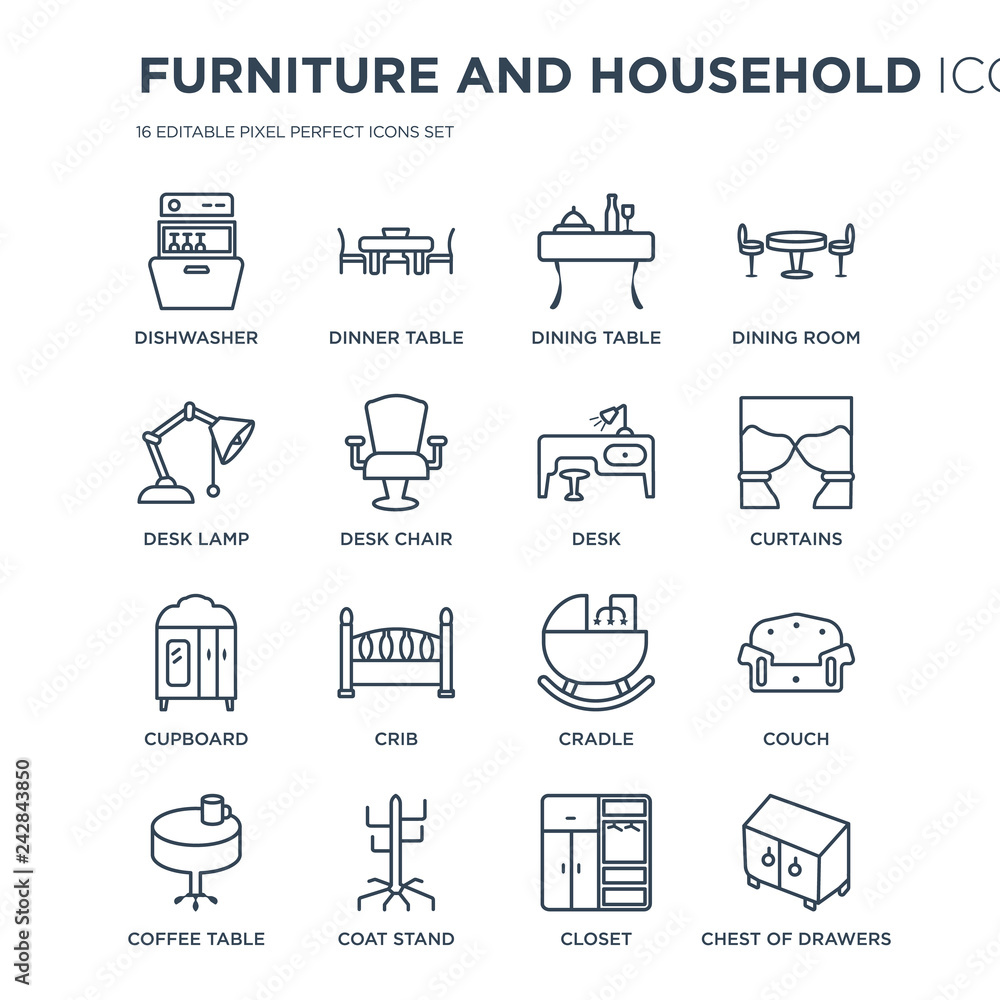 16 linear Furniture and household icons such as Dishwasher, Dinner table, Coat stand, Coffee Table, Couch modern with thin stroke, vector illustration, eps10, trendy line icon set. 16 linear Furniture and household icons such as Dishwasher, Dinner table, Coat stand, Coffee Table, Couch modern with thin stroke, vector illustration, eps10, trendy line icon set.