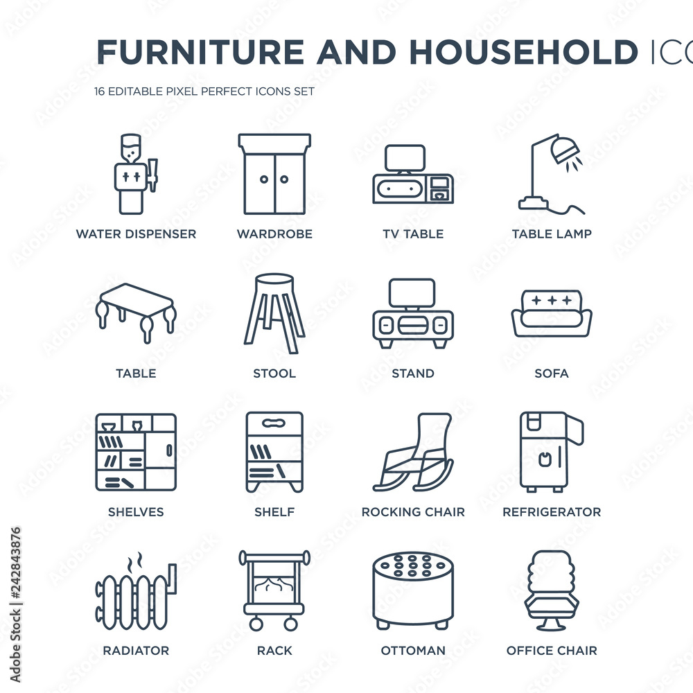 16 linear Furniture and household icons such as Water dispenser, Wardrobe, Rack, Radiator, Refrigerator, Office chair modern with thin stroke, vector illustration, eps10, trendy line icon set. 16 linear Furniture and household icons such as Water dispenser, Wardrobe, Rack, Radiator, Refrigerator, Office chair modern with thin stroke, vector illustration, eps10, trendy line icon set.