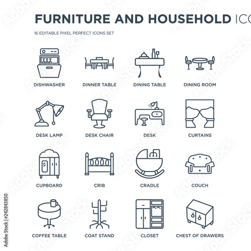 16 linear Furniture and household icons such as Dishwasher, Dinner table, Coat stand, Coffee Table, Couch modern with thin stroke, vector illustration, eps10, trendy line icon set.