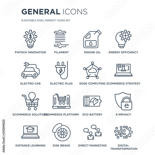 16 linear general icons such as fintech innovation, filament, disk brake, distance learning, e-privacy modern with thin stroke, vector illustration, eps10, trendy line icon set.