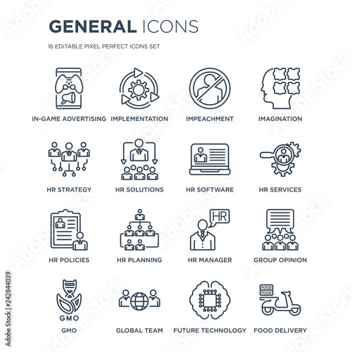 16 linear general icons such as in-game advertising, implementation, global team, gmo, group opinion, food delivery modern with thin stroke, vector illustration, eps10, trendy line icon set.
