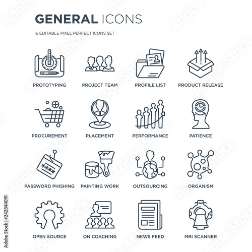 16 linear General icons such as prototyping, project team, on coaching, open source, organism, mri scanner, procurement modern with thin stroke, vector illustration, eps10, trendy line icon set.