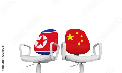North Korea and China business chairs. International relationship concept. 3D Rendering