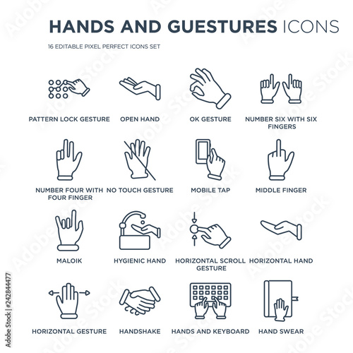16 linear Hands and guestures icons such as Pattern lock gesture, Open hand, Handshake, Horizontal gesture modern with thin stroke, vector illustration, eps10, trendy line icon set.